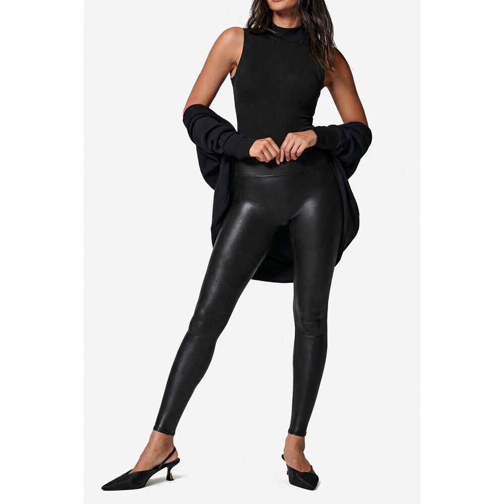 Spanx Faux Leather Leggings Petite Medium Black High Rise Shaping Pants
